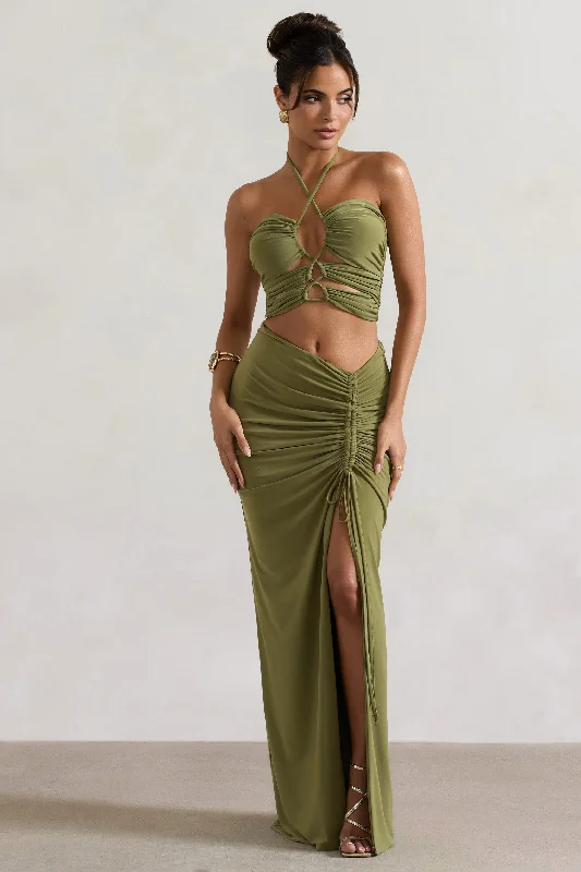 Smooth silk dress-Cabo | Olive Ruched Split Maxi Skirt