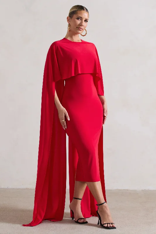 Hippie fringe dress-Camellia | Red Midi Dress With High-Low Cape