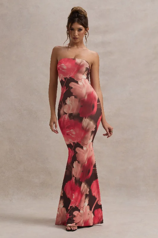 Gray knit dress-Ceremony | Red Floral Print Bandeau Fishtail Maxi Dress