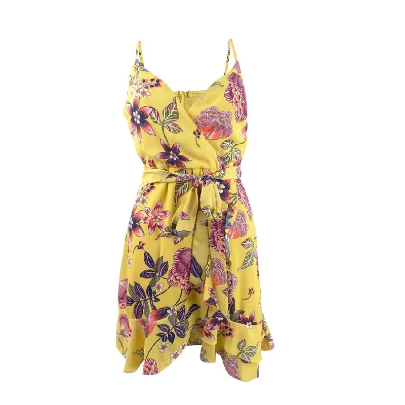 Chiffon cocktail dress-City Studios Juniors' Floral-Print Faux-Wrap Dress (11, Yellow/Olive)