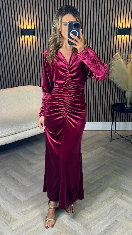 Bronze metallic dress-Colleen Burgundy Velvet Finish Ruched Midi Dress