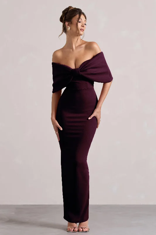 Edgy cut-out dress-Cornelia | Plum Strapless Maxi Dress With Oversized Bow