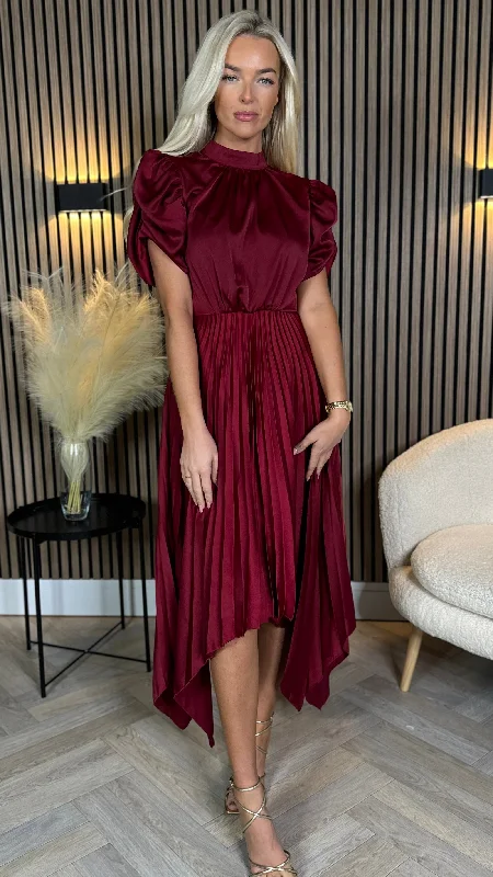 Halter sundress-Cressida Burgundy High Neck Puff Sleeve Pleated Midi Dress