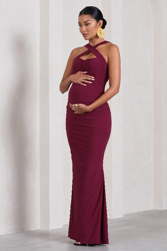 Modern minimalist dress-Cross My Heart | Burgundy Sleeveless Cross-Neck Maternity Maxi Dress