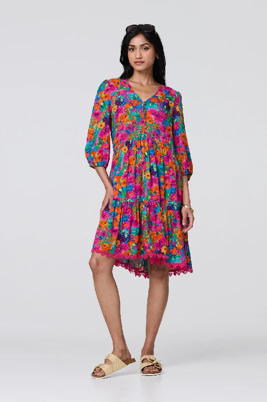 Trendy neon dress-Floral 3/4 Sleeve Smock Dress