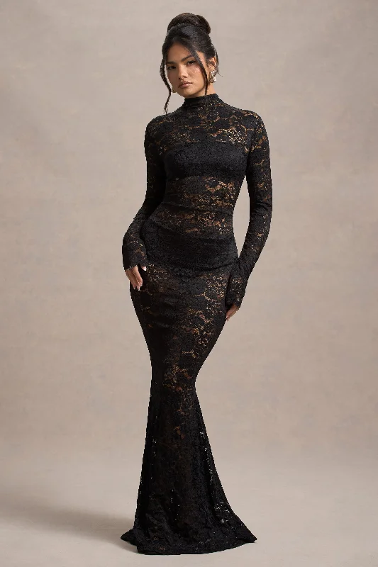 Layered tropical dress-Delevingne | Black Lace Sheer Long-Sleeve Maxi Dress