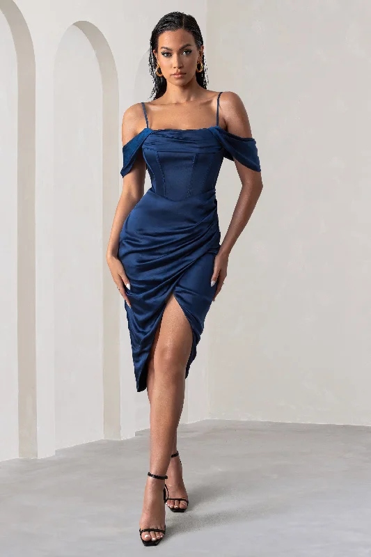 Emerald green dress-Deserving | Navy Satin Bardot Sleeve Corset Wrap Midi Dress