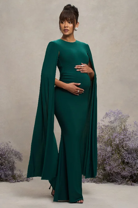 Elegant draped dress-Divine Timing | Bottle Green Maternity Maxi Dress With Cape Sleeves