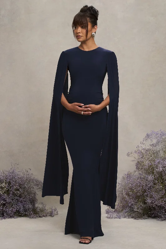 Trendy asymmetrical dress-Divine Timing | Navy Maternity Maxi Dress With Cape Sleeves