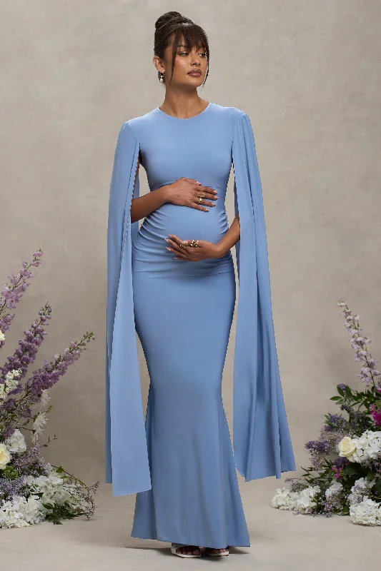 Sophisticated sheath dress-Divine Timing | Powder Blue Maternity Maxi Dress With Cape Sleeves