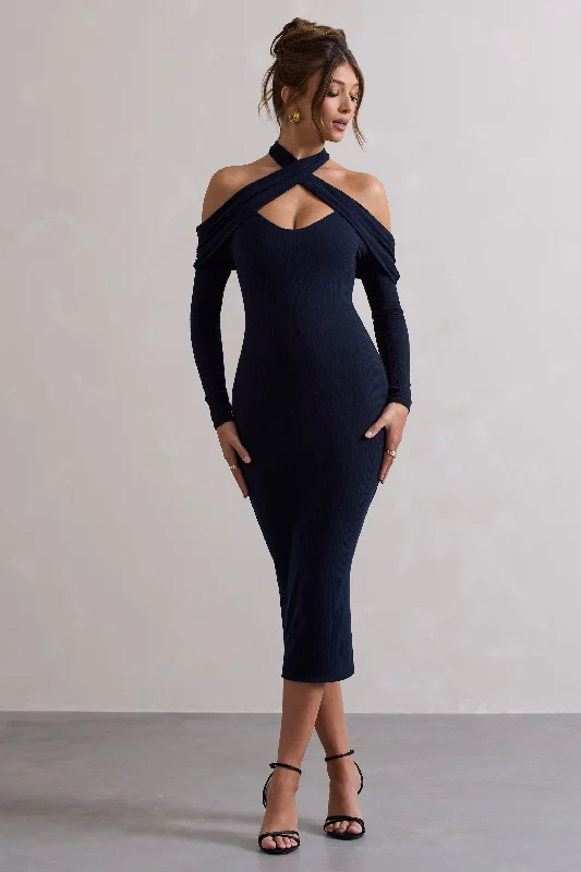 Soft velvet dress-Duet | Navy Rib Knit Halter-Neck Midi Dress With Cut-Out