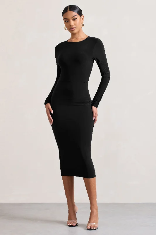 Garden ruffle dress-Dynasty Darling | Black Cowl-Back Long-Sleeved Bodycon Midi Dress