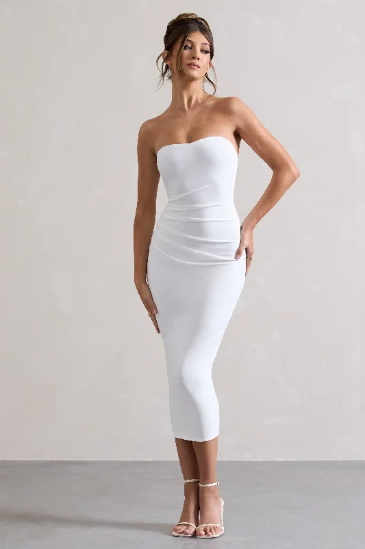 Sleek slip dress-East End | White Strapless Gathered Midi Dress