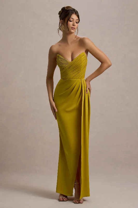 Chic office dress-Edel | Mustard Satin Strapless Maxi Dress With Drape