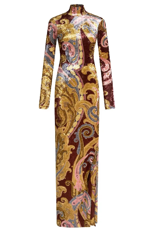 Patchwork hippie dress-Turtleneck Long Sleeve Gown