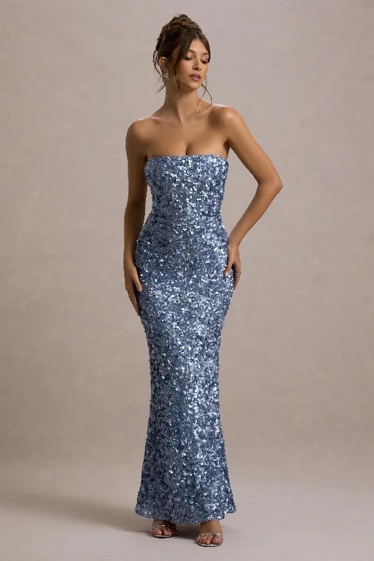 Bronze formal dress-Evabeth | Powder Blue Sequin Strapless Maxi Dress