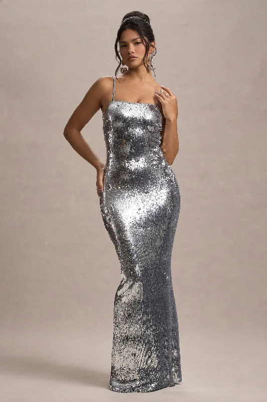 Drop-waist vintage dress-Flashback | Silver Sequin Strappy Maxi Dress