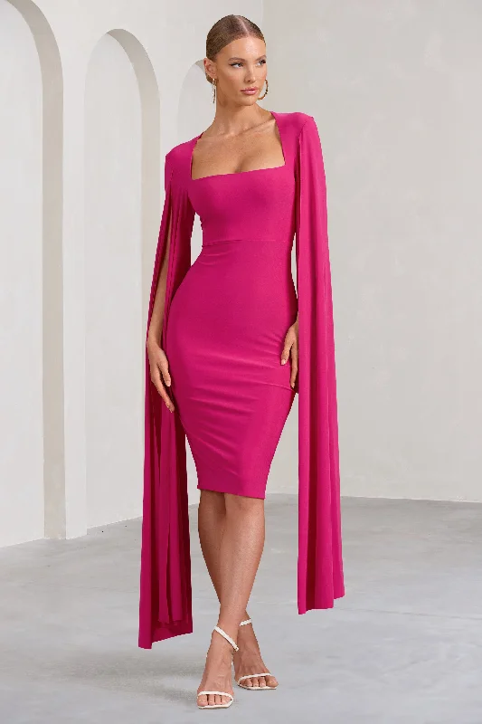 Crocheted beach dress-Flawless | Hot Pink Square Neck Midi Dress With Cape Sleeves