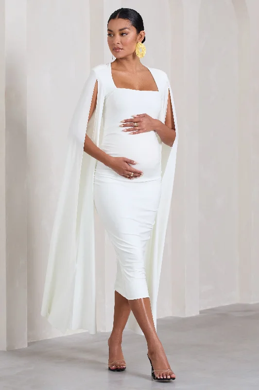 Comfy sweater dress-Flawless | White Maternity Square Neck Midi Dress With Cape Sleeves