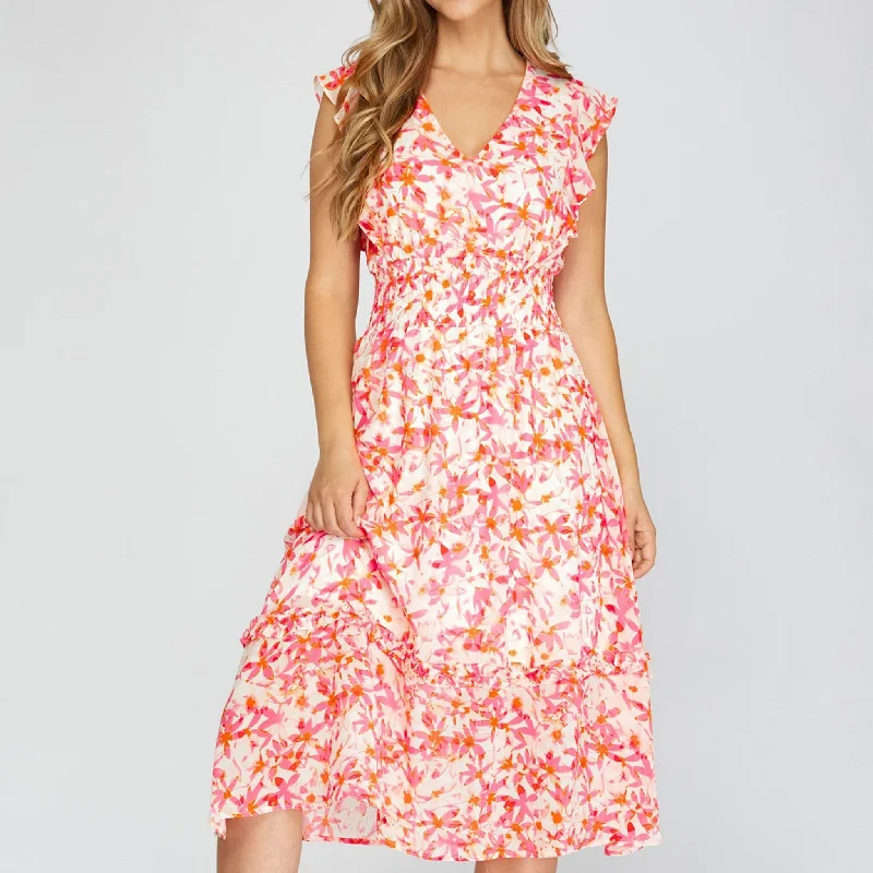 Olive muted dress-She +Sky Women's Floral Print Ruffle Dress