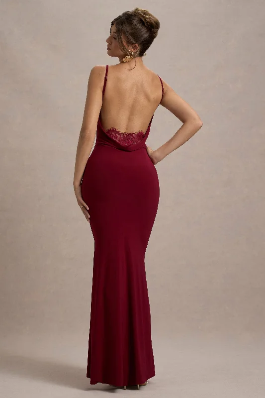 Chevron cocktail dress-Francoise | Berry Cowl Neck Backless Maxi Dress With Lace Insert