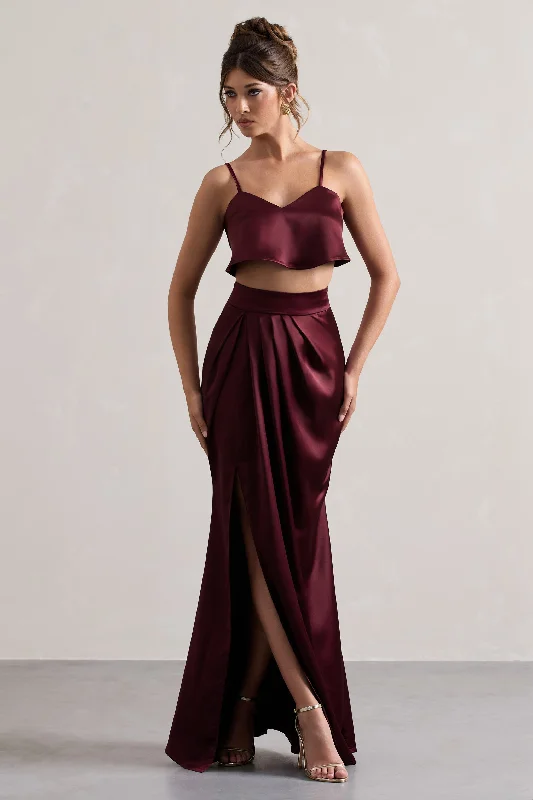 Rugged corduroy dress-Free Feeling | Plum Satin Split Maxi Skirt