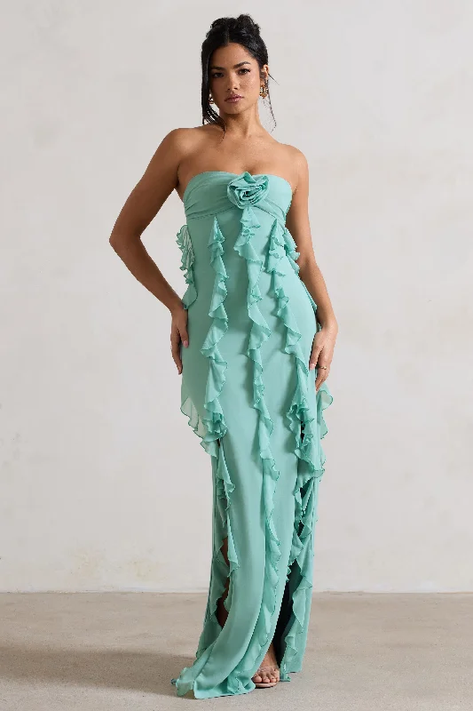 Bold red dress-Gardenia | Mint Green Strapless Ruffle Maxi Dress With Corsage