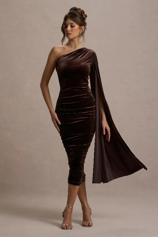 Sexy bodycon dress-Gianna | Chocolate Velvet One Shoulder Cape Bodycon Midi Dress