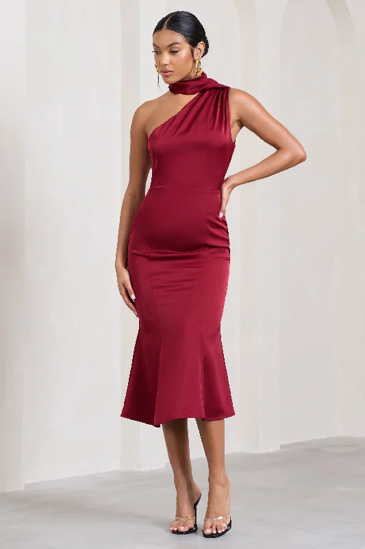 Chic office dress-Golden Girl | Burgundy Satin One Shoulder High-Neck Flared Midi Dress