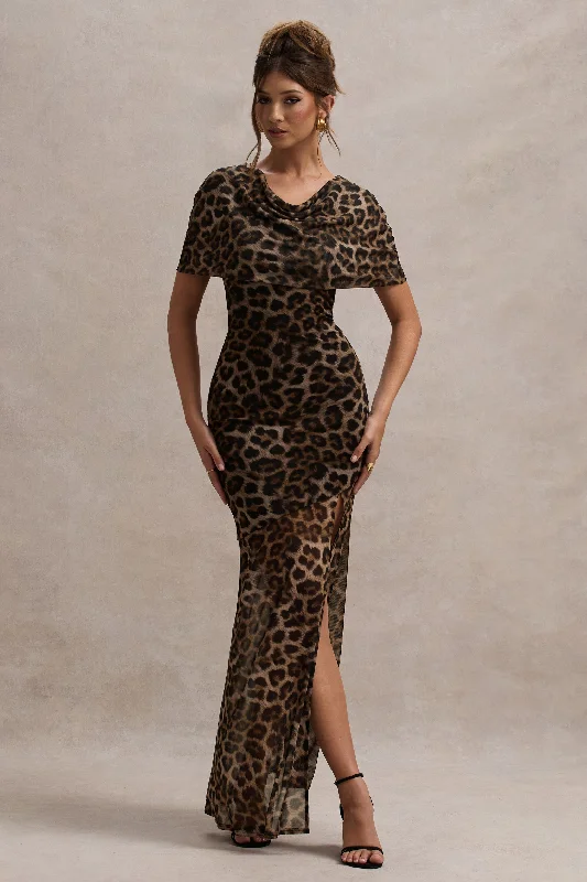 Handmade knit dress-Gomez | Leopard Print Mesh Cowl-Neck Split Maxi Dress