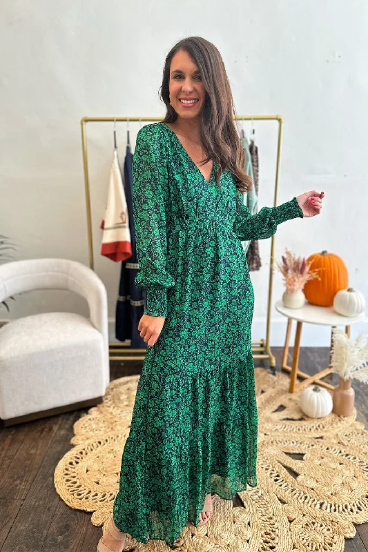 Everyday shift dress-Green and Navy Floral LS Maxi Dress