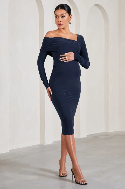 Glamorous sequin dress-Heartbeat | Navy One-Shoulder Long-Sleeved Maternity Midi Dress