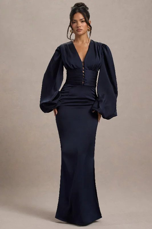 Corset prom dress-Helsinki | Navy Satin V-Neck Balloon Sleeve Maxi Dress