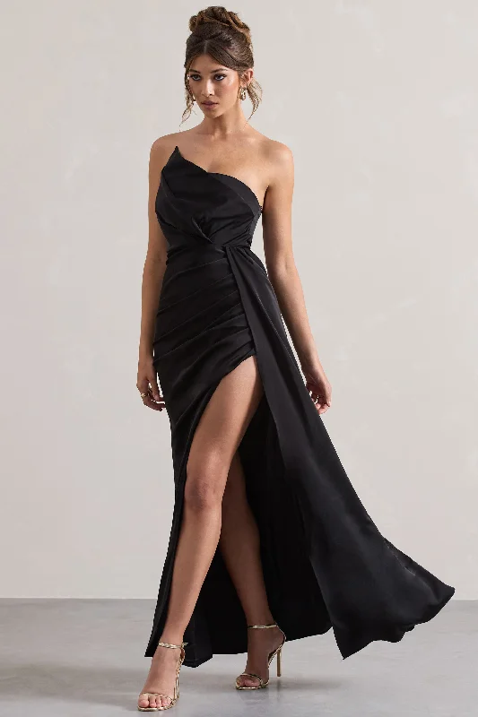 Glamorous sequin dress-Hollywood | Black Satin Strapless Draped Maxi Dress