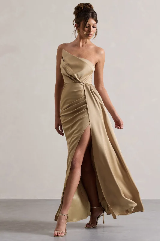 Dainty floral dress-Hollywood | Champagne Satin Strapless Draped Maxi Dress