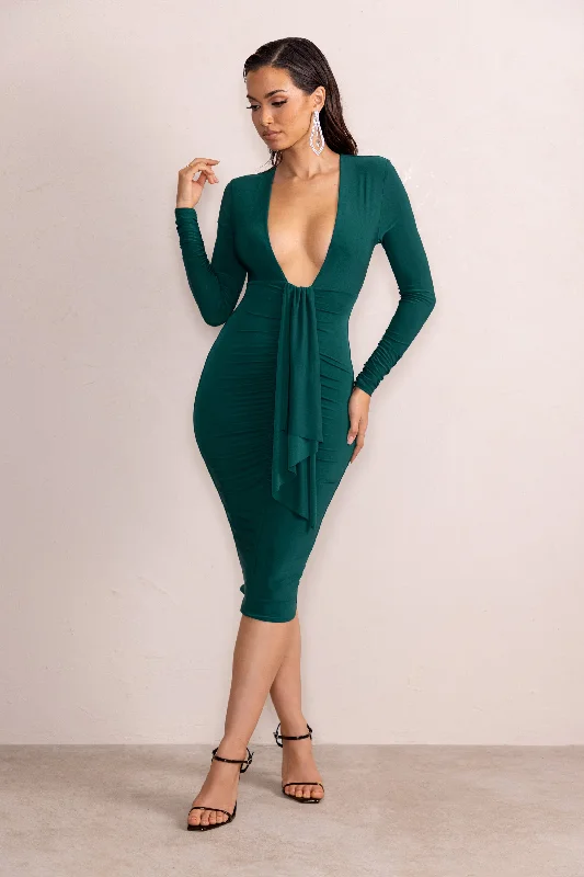 Ombre summer dress-Inspirational | Bottle Green Plunge Neck Long Sleeves Ruched Midi Dress With Drape Detail