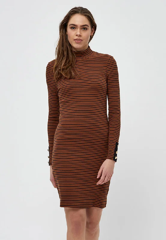 High-neck wedding dress-Jamela Rib Dress - Apple Butter Brown Stripe