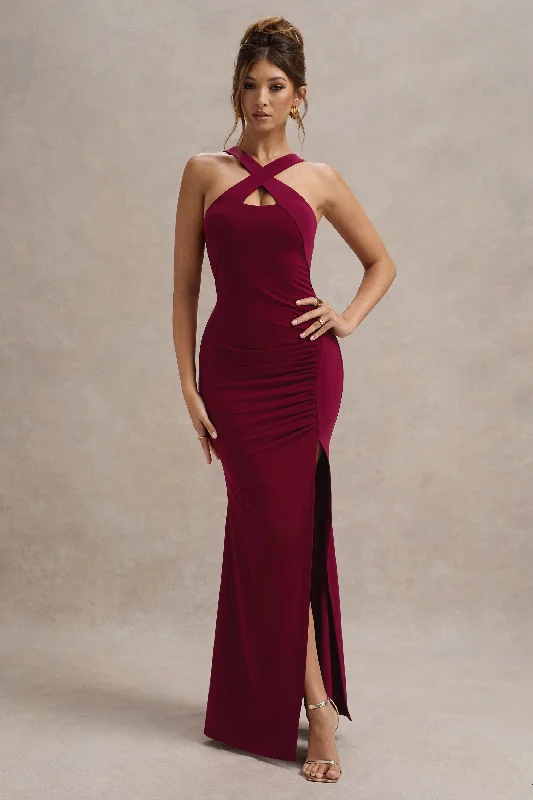 Chic office dress-Jianna | Wine Cross Over Halter-Neck Split Maxi Dress