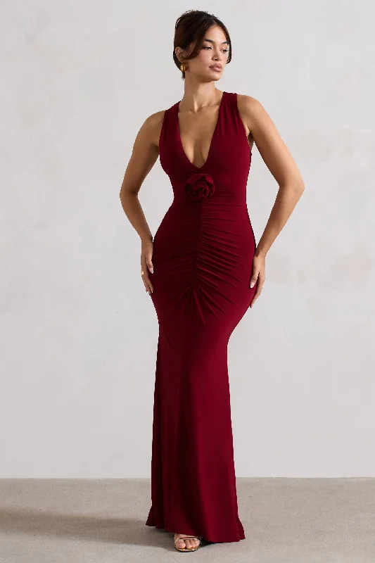 Stylish wrap dress-Julianna | Wine Plunge-Neck Ruched Maxi Dress With Corsage