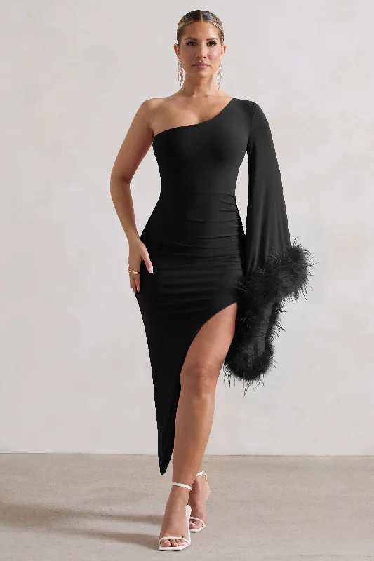 Sequined club dress-July | Black Asymmetric One Shoulder Cape Midi Dress With Feathers