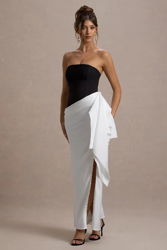 Classy sheath dress-Kalinda | Black And White Strapless Maxi Dress With Draped Skirt