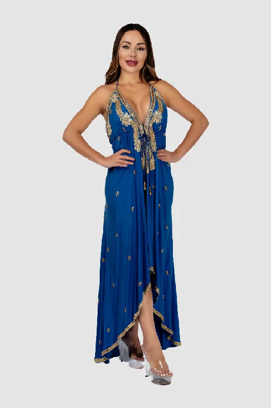 Cut-out festival dress-EMBELLISHED COBALT BLUE DRESS