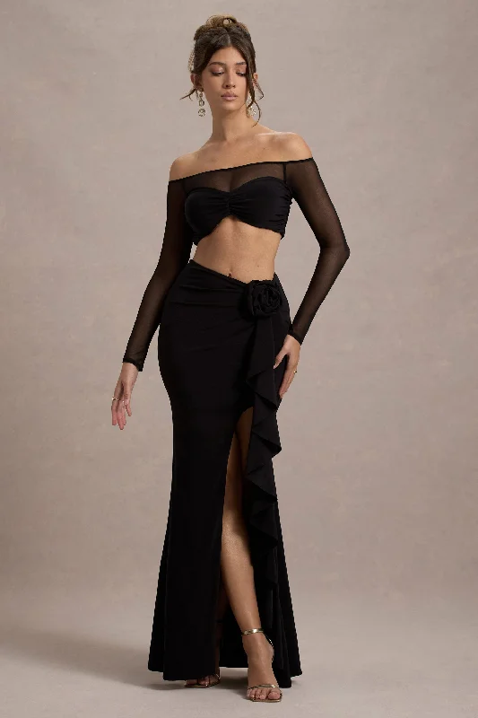 Soft velvet dress-Kavi | Black Ruched Split Maxi Skirt