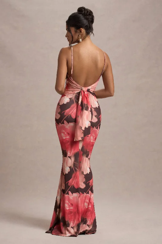 Draped evening dress-Kelila | Red Floral Print Strappy Open-Back Split Maxi Dress