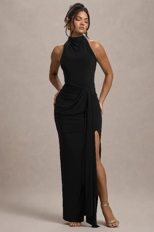 Navy work dress-Khari | Black High-Neck Twisted Maxi Dress With Drape