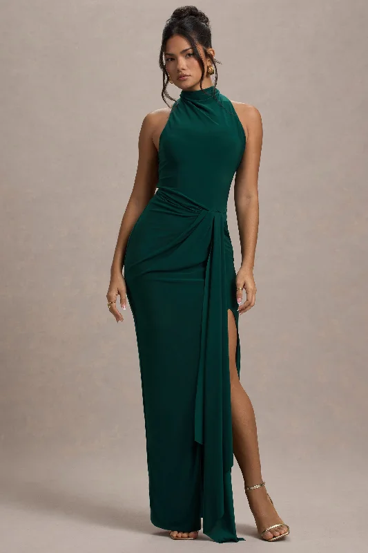 Coral summer dress-Khari | Bottle Green High-Neck Twisted Maxi Dress With Drape