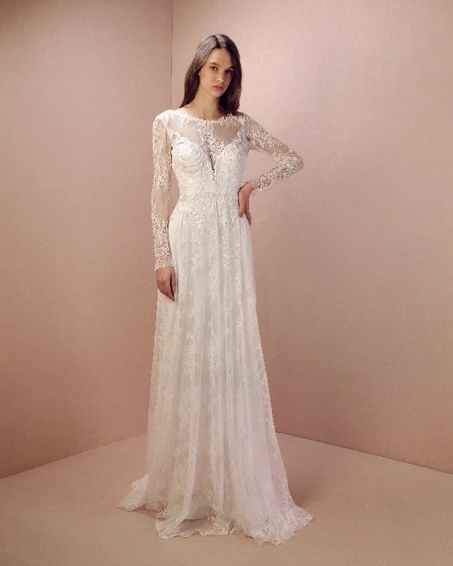 Sheer mesh dress-Lace Long-Sleeves Gown