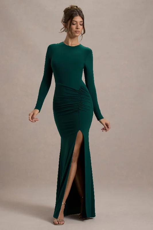 Classy sheath dress-Leslie | Bottle Green Long-Sleeve Twisted Split Maxi Dress