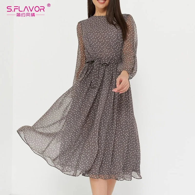 A-line picnic dress-Long Sleeve Women Dresses Casual O Neck Chiffon A LIne Dress Vintage Party Vestidos