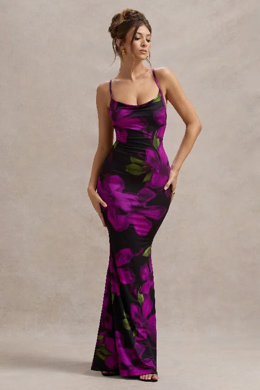 Vibrant tropical dress-Lotus | Purple Floral Print Cowl-Neck Maxi Dress